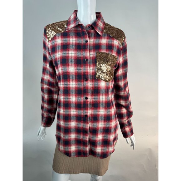 E2 Plaid and Sequin Western Styled Shirt M Red Blue Cotton Vintage - Picture 1 of 16